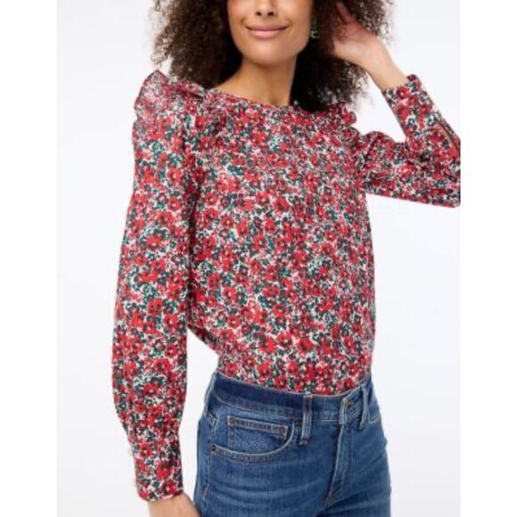 J. Crew Floral Cotton-Blend Poplin Ruffled Top in Pink cloud Classic Red Size XL - Picture 1 of 12